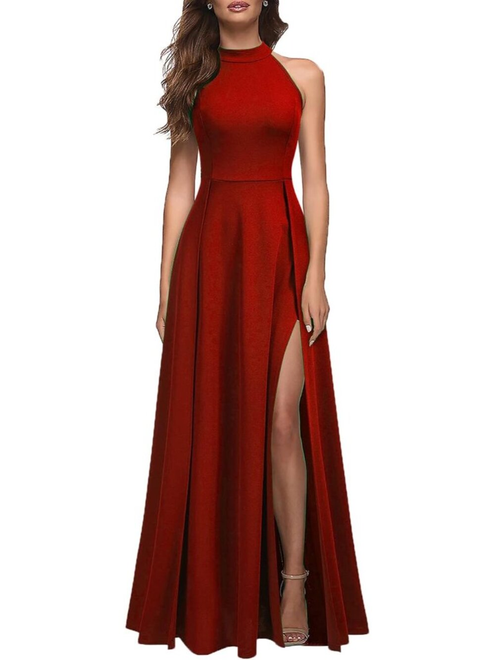 Women's Red Stylish Halter Neck Sexy Split Cocktail Party Formal Long Maxi Dress
